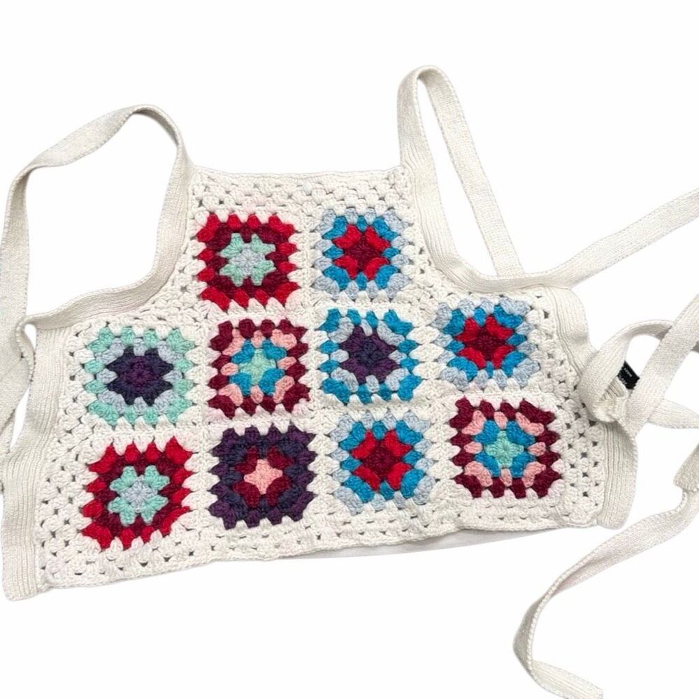 Moda International Women's Size Small Granny Square Crotchet Knit Tank Top Shirt